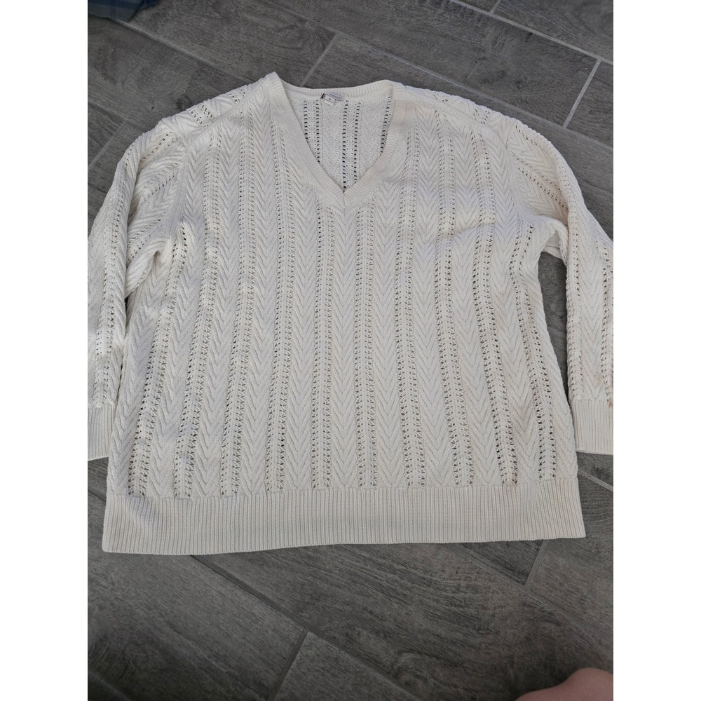 Gap Women's Loose Cable Knit V Neck Long Sleeve Sweater XL Cotton‎ Cream Ivory